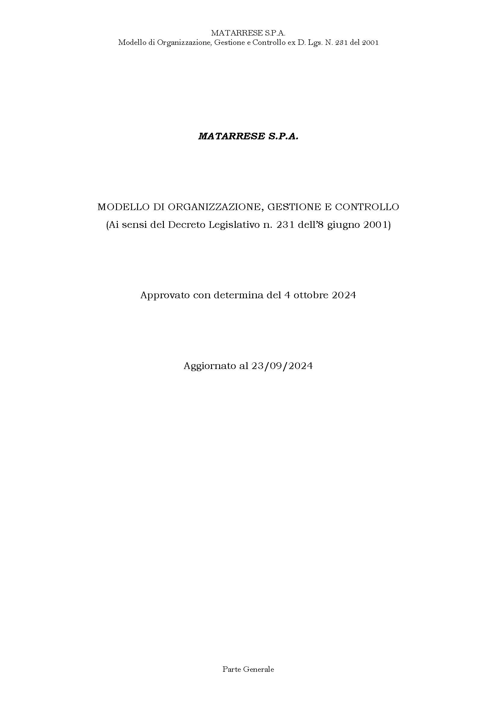 Prima pagina modello di organizzazione, gestione e controllo